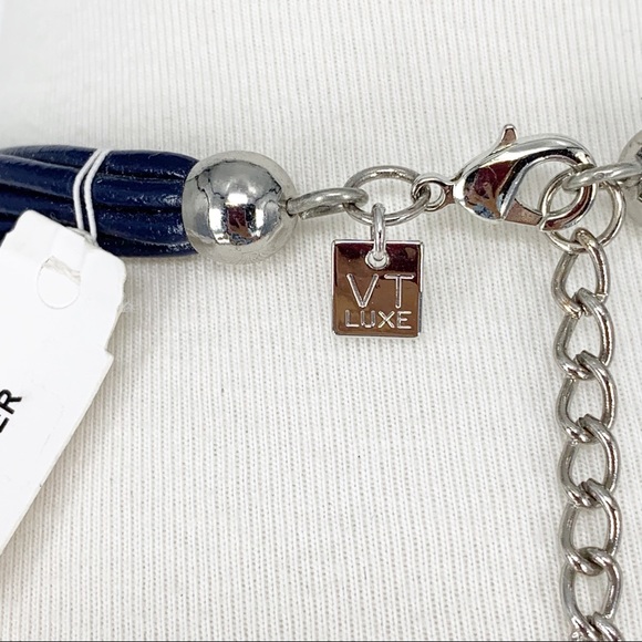 VT Luxe Blue Leather Silver Chain Multi Strand Necklace Teal Crystal Statement - Picture 5 of 6